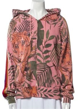 Aviator Nation Pink Tiger Print Zip Hoodie with Olive Leaf Motif